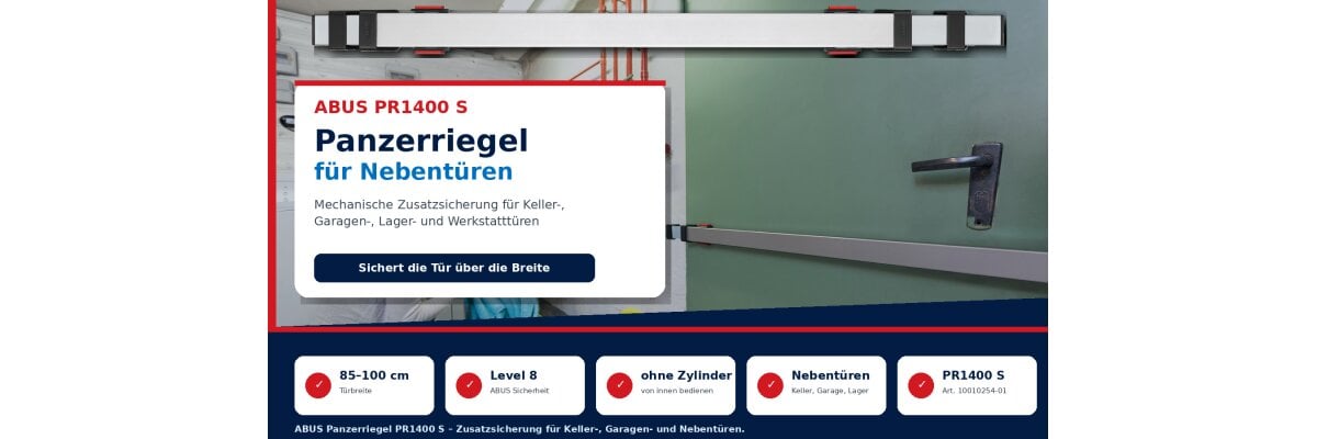 ABUS Panzerriegel PR1400 S: Zusatzsicherung für Keller-, Garagen- und Nebentüren - ABUS PR1400 S Panzerriegel für Nebentüren | FirstMall