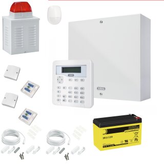 ABUS Terxon SX Alarmset – Autarke, drahtgebundene Zentrale (AZAA10000) inkl. VdS-Akku 12 V/7,2 Ah (BT2070), 2× NC-Öffnungsmelder, 2× Schraubverteiler 12-polig, PIR-Bewegungsmelder & Außensirene mit Blitz