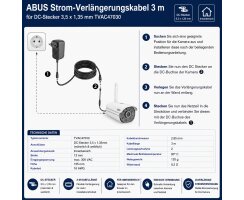 ABUS Strom Verlängerungskabel 3 m DC 3,5 x 1,35 mm für Smart Security Kameras TVAC47030