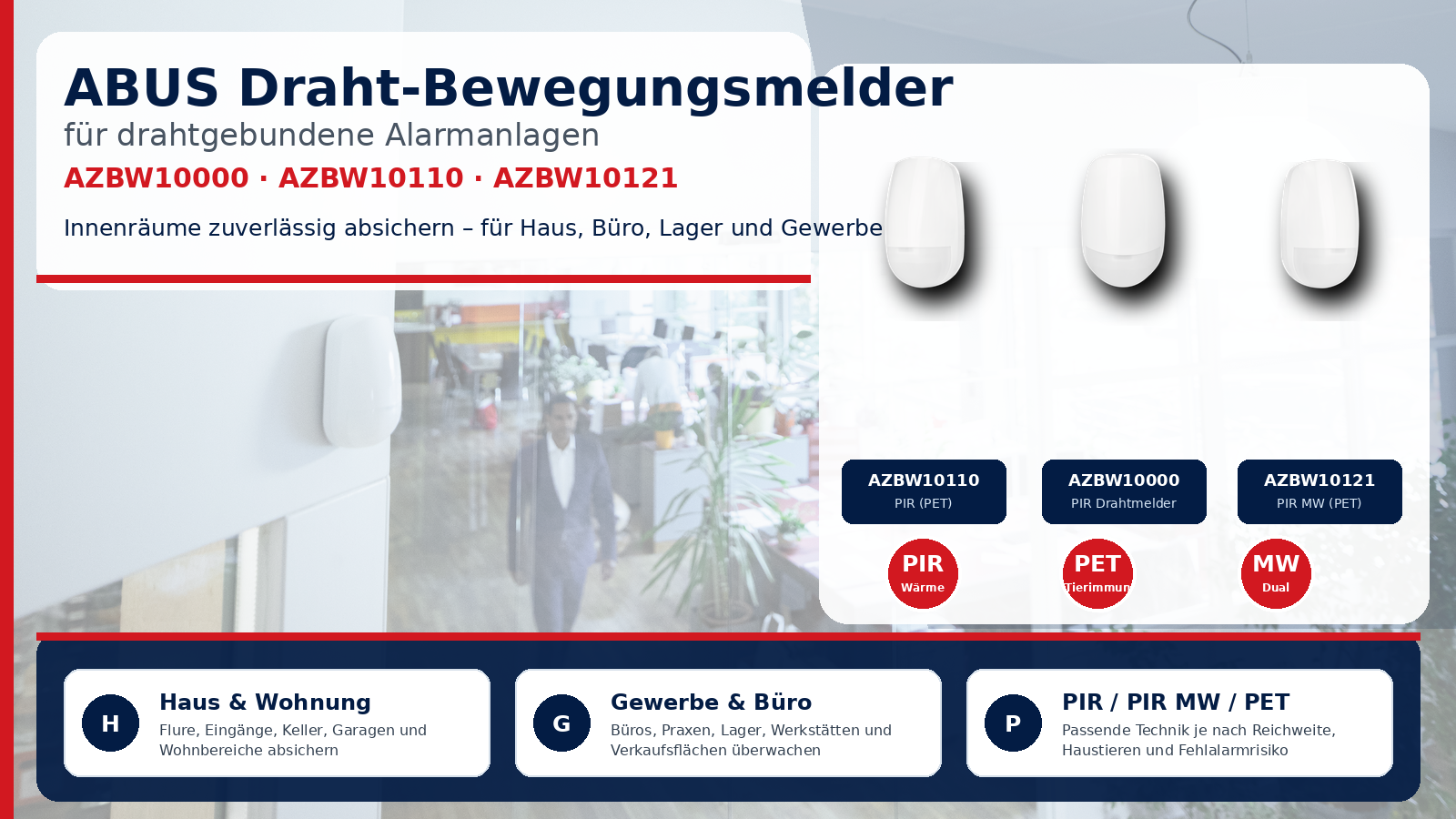 ABUS Draht-Bewegungsmelder AZBW10000 AZBW10110 AZBW10121 für Haus Gewerbe und drahtgebundene Alarmanlagen