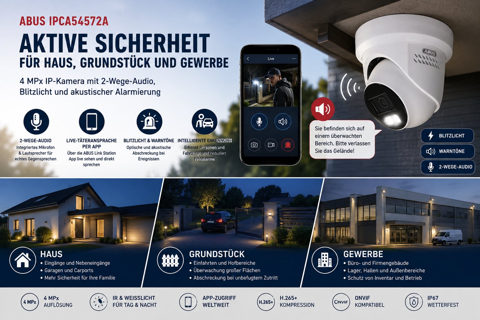 ABUS IPCA54572A Kugeldome IP-Kamera mit 2-Wege-Audio Blitzlicht Warnton App-Täteransprache und Personen-Erkennung