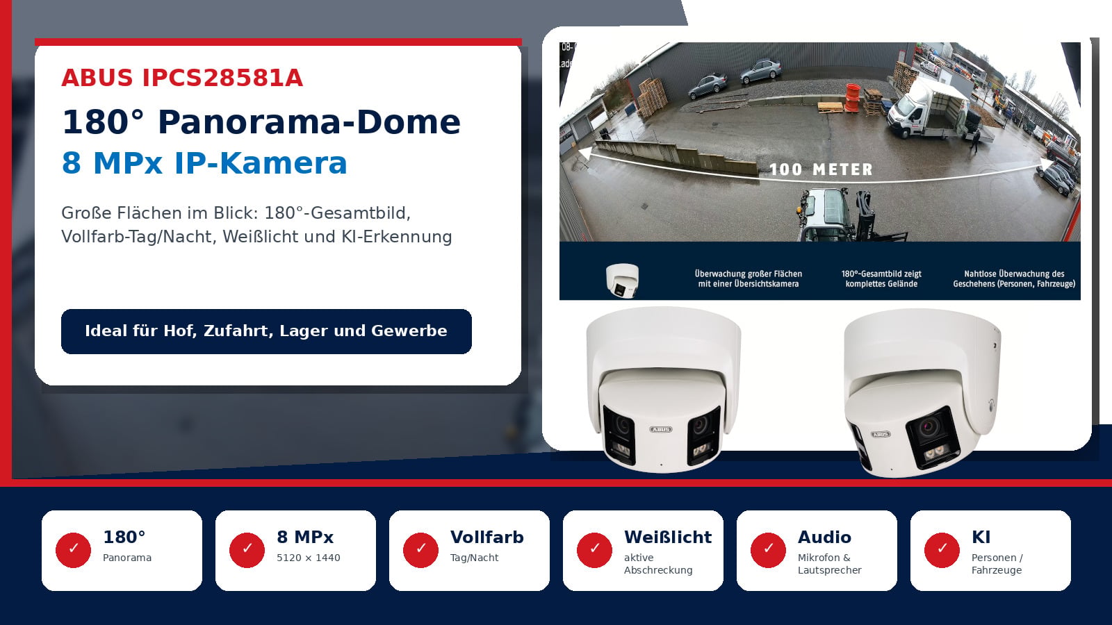 ABUS IPCS28581A 180 Grad Panorama Dome 8 MPx IP Kamera mit Vollfarb Tag Nacht Weißlicht 2-Wege-Audio und KI-Erkennung