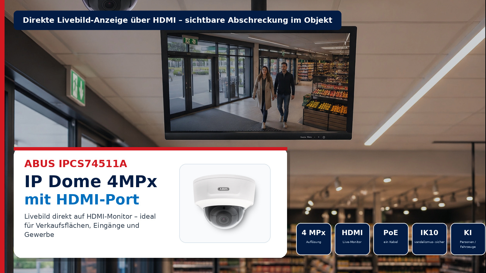 ABUS IPCS74511A IP Dome 4MPx Überwachungskamera mit HDMI-Port Livebild auf Monitor PoE und IK10