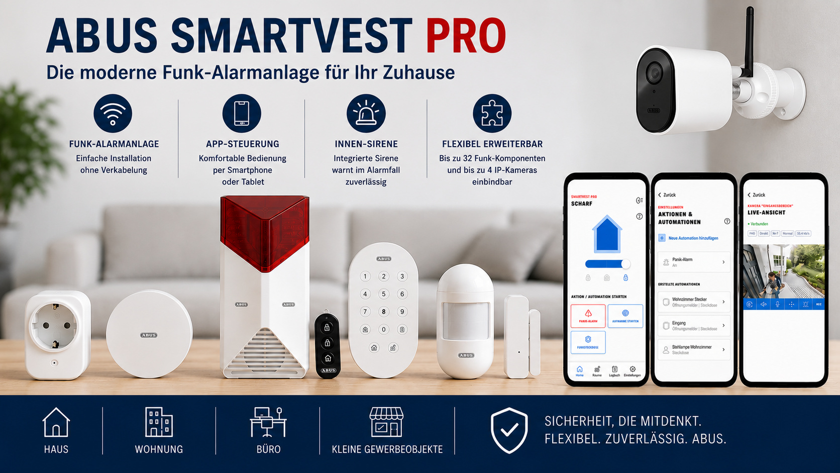 ABUS Smartvest Pro Funk-Alarmanlage mit App Steuerung Meldern Sirene und Kameraintegration