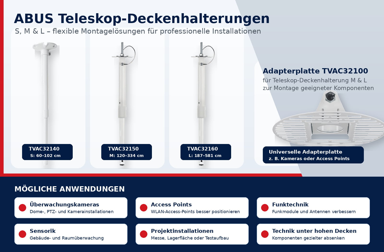 ABUS Teleskop-Deckenhalterungen TVAC32140 TVAC32150 TVAC32160 mit Adapterplatte TVAC32100